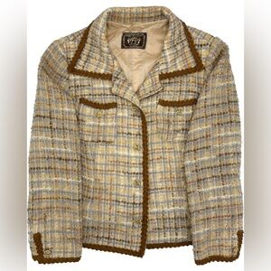 Vintage VIVI Tweed Blazer Jacket Brown Tan Women’s Size 12 Petite
